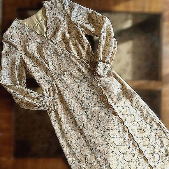 Vtg 70s tailor-made brocade formal V-neck faux wrap gown - Picture 3 of 14